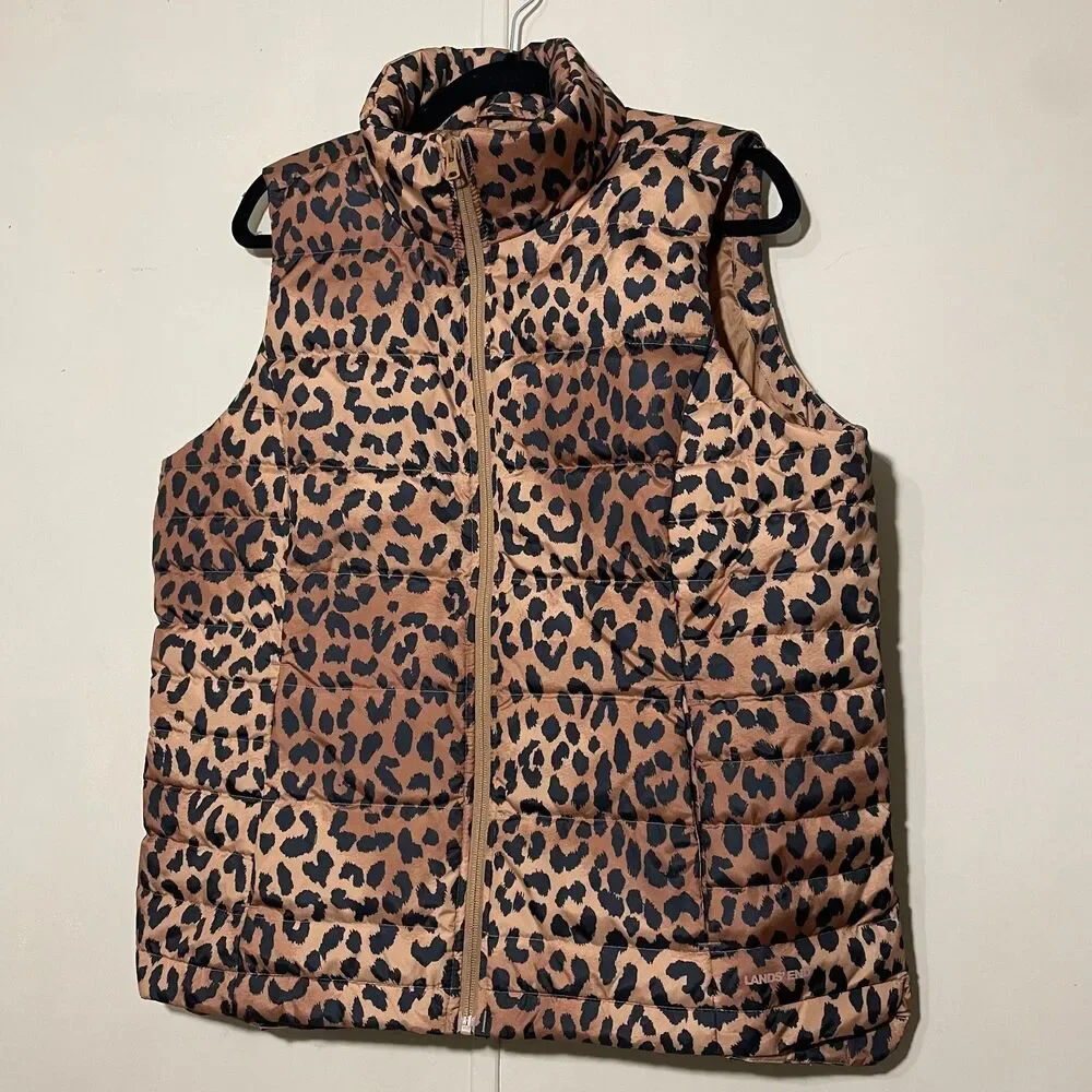 Lands End Women’s Cheetah Animal Print Puffer Vest 600 Down Zip Up SZ L 14/16 - Picture 1 of 11